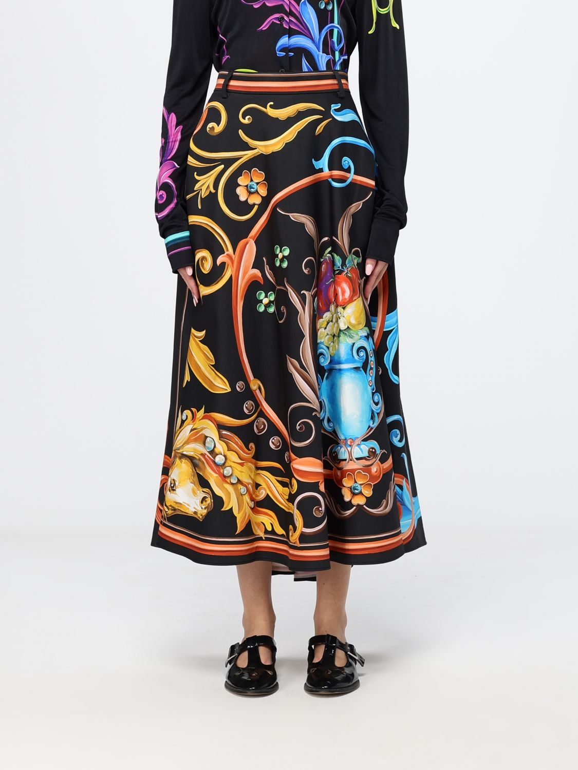 Moschino Couture High-Waisted Baroque Print Cotton Full Midi Skirt