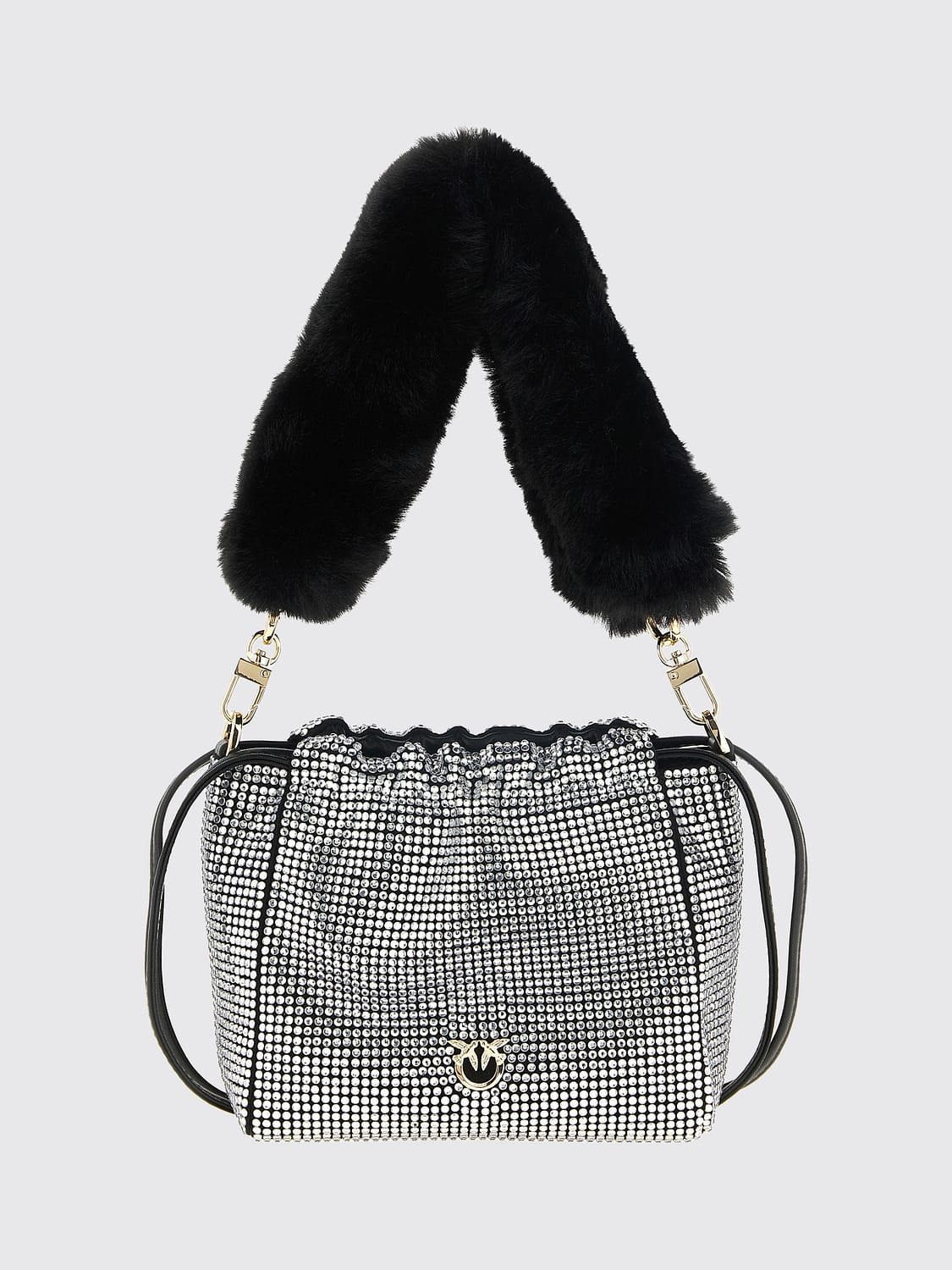 Pinko All-Over Rhinestone Mini Bucket Bag with Faux Fur Handle