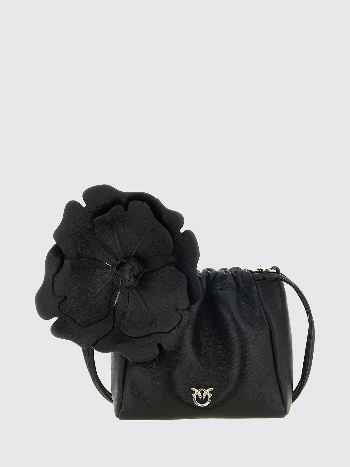 Pinko Mini Leather Bucket Bag with Love Birds Logo and Rhinestones