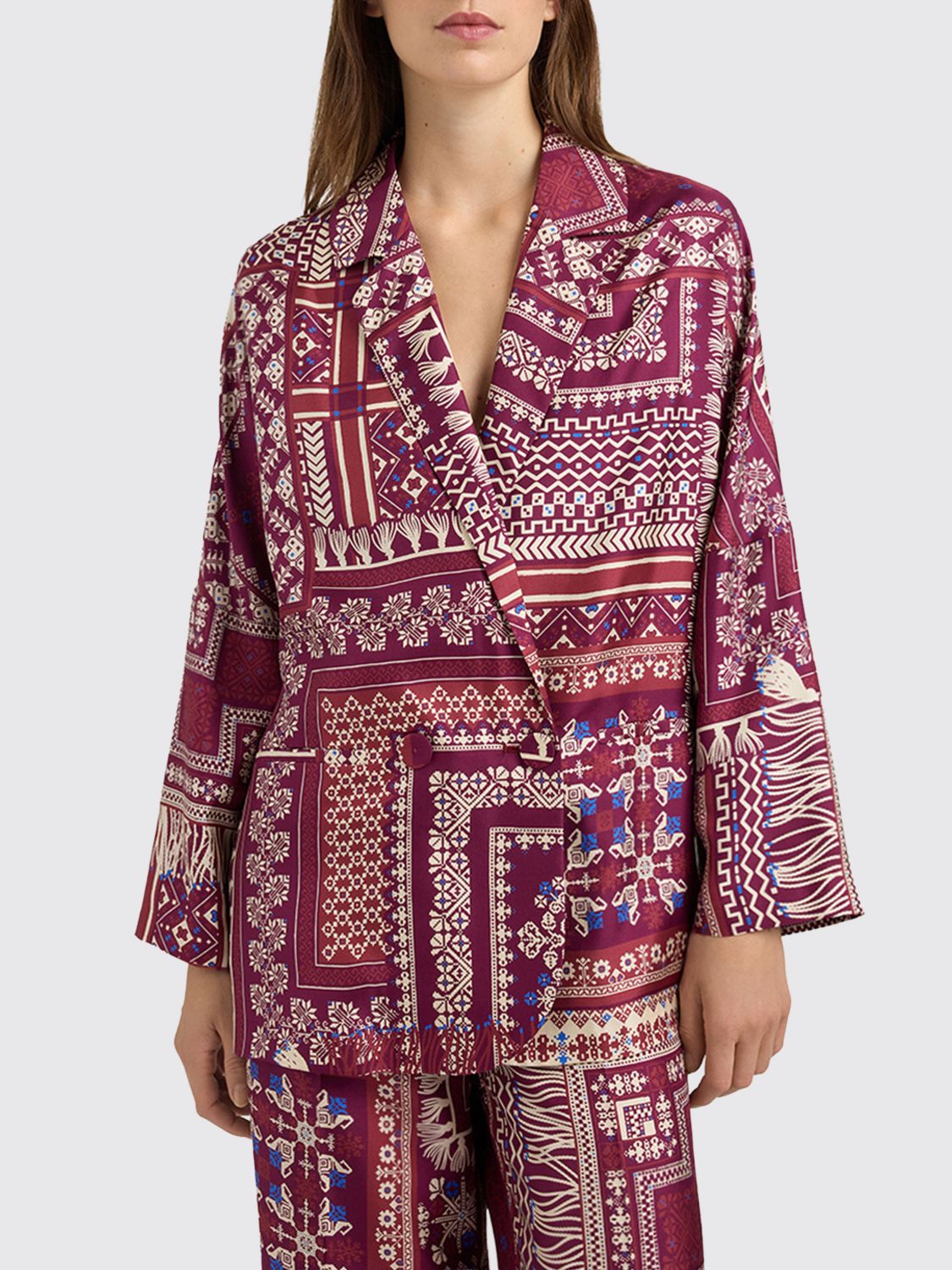 MOMONÌ Ethnic Print Silk Robe-Style Blazer with Lapel Collar