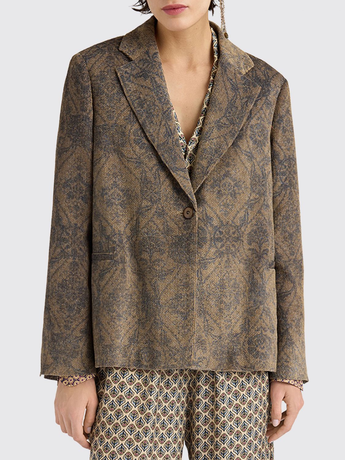 MOMONÌ Single-Breasted Ethnic Print Viscose-Blend Blazer