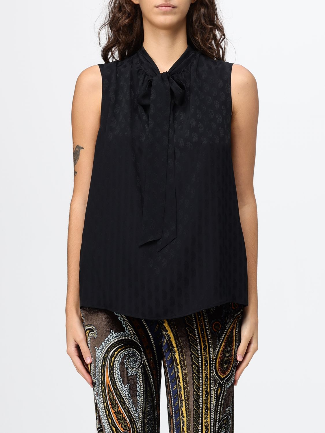 ETRO Sleeveless Paisley Print Silk-Blend Blouse with Pussy-Bow Collar