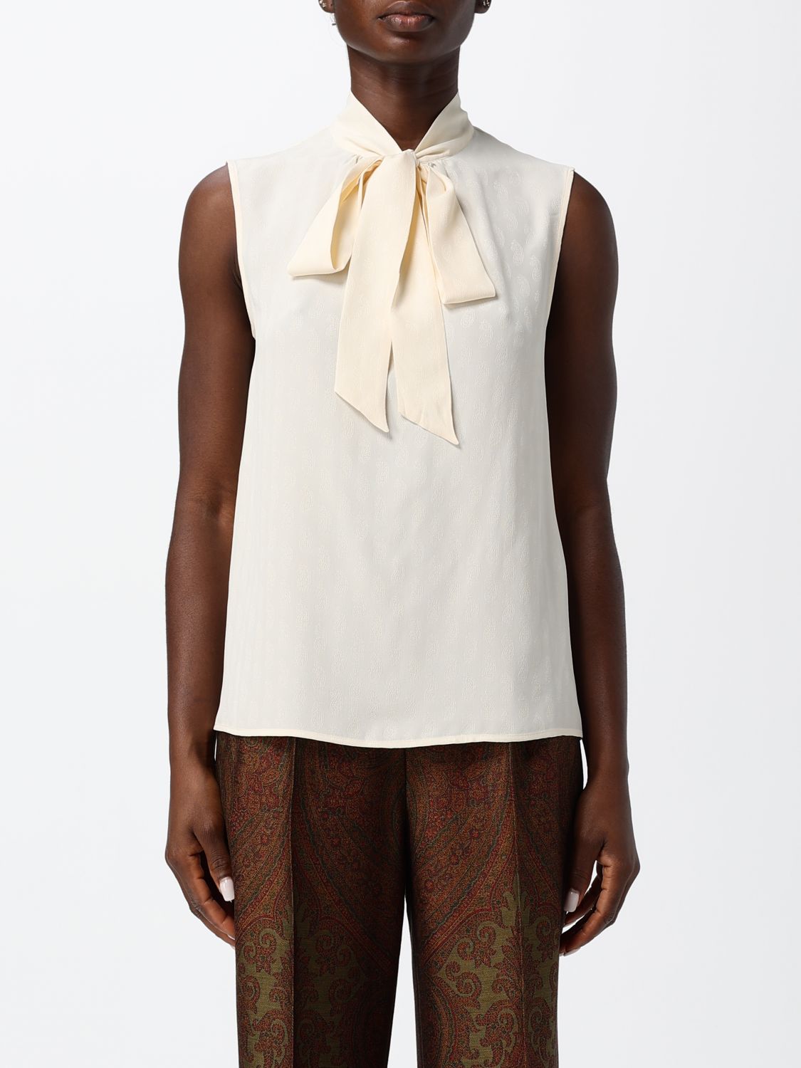 ETRO Sleeveless Paisley Print Silk-Blend Blouse with Pussy-Bow Collar