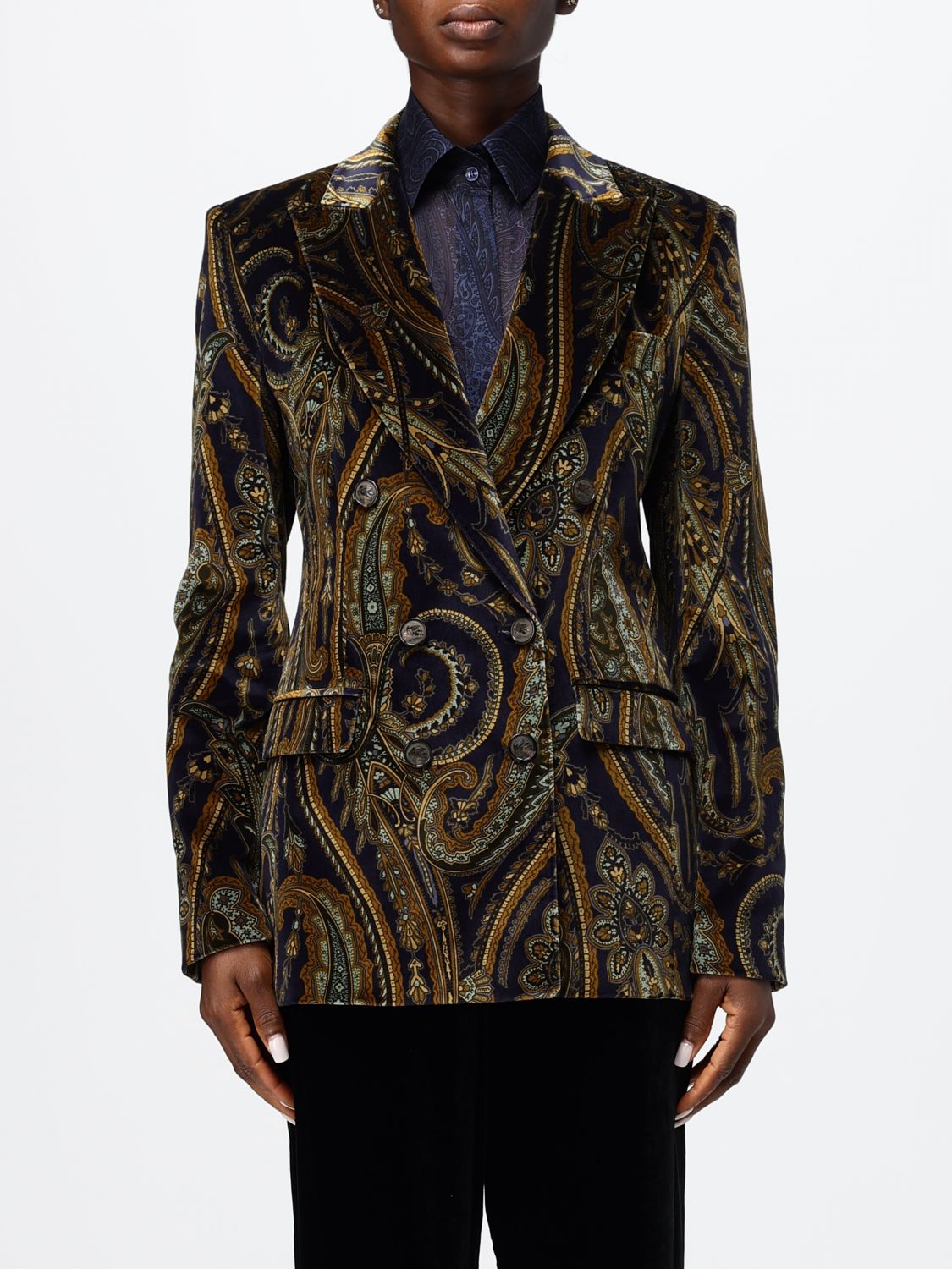 ETRO Double-Breasted Blazer in Velvet with Paisley Print and Peak Lapels