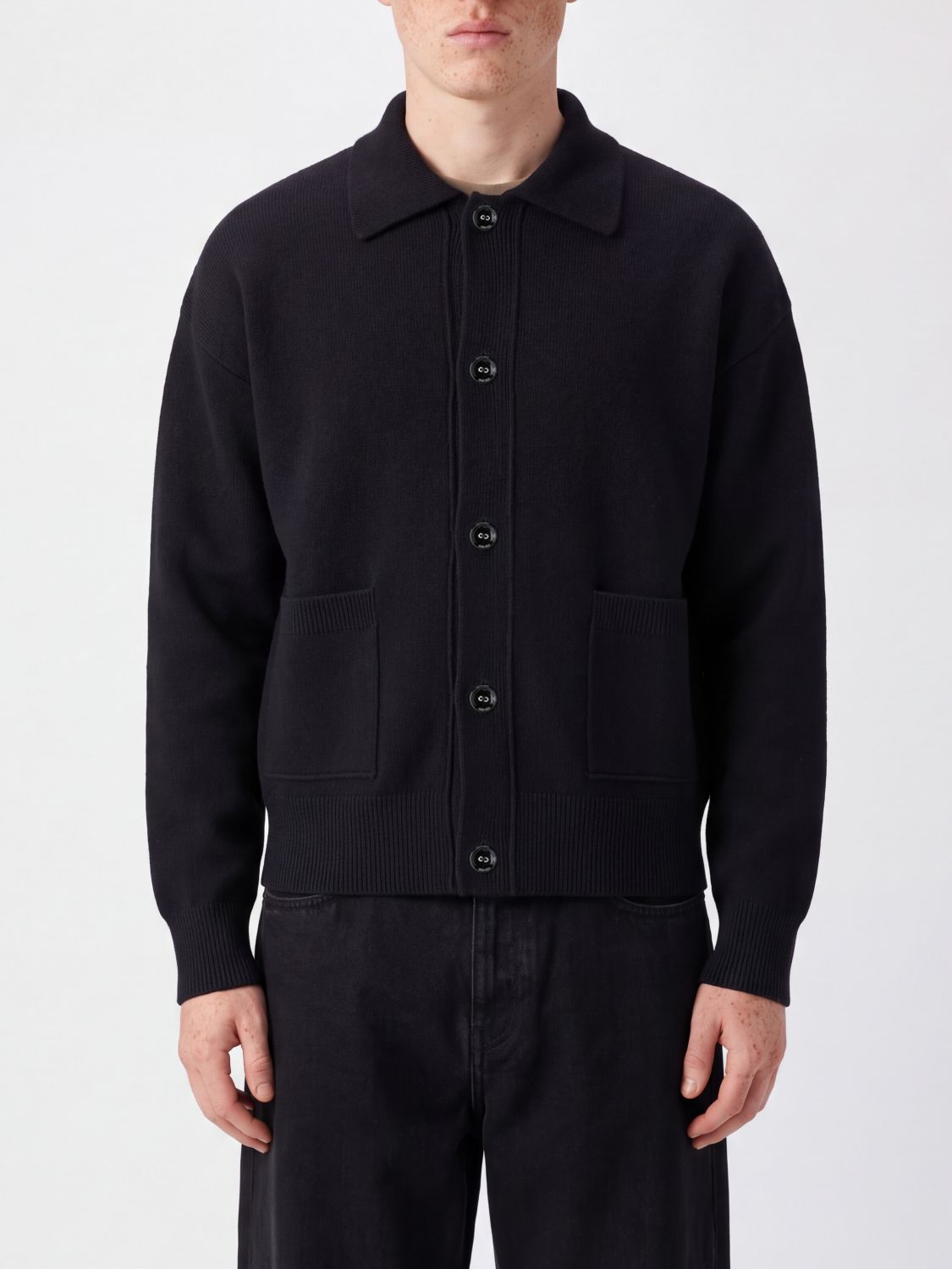 AMI PARIS Pure Wool Cardigan with Patch Pockets and Ribbed Trims