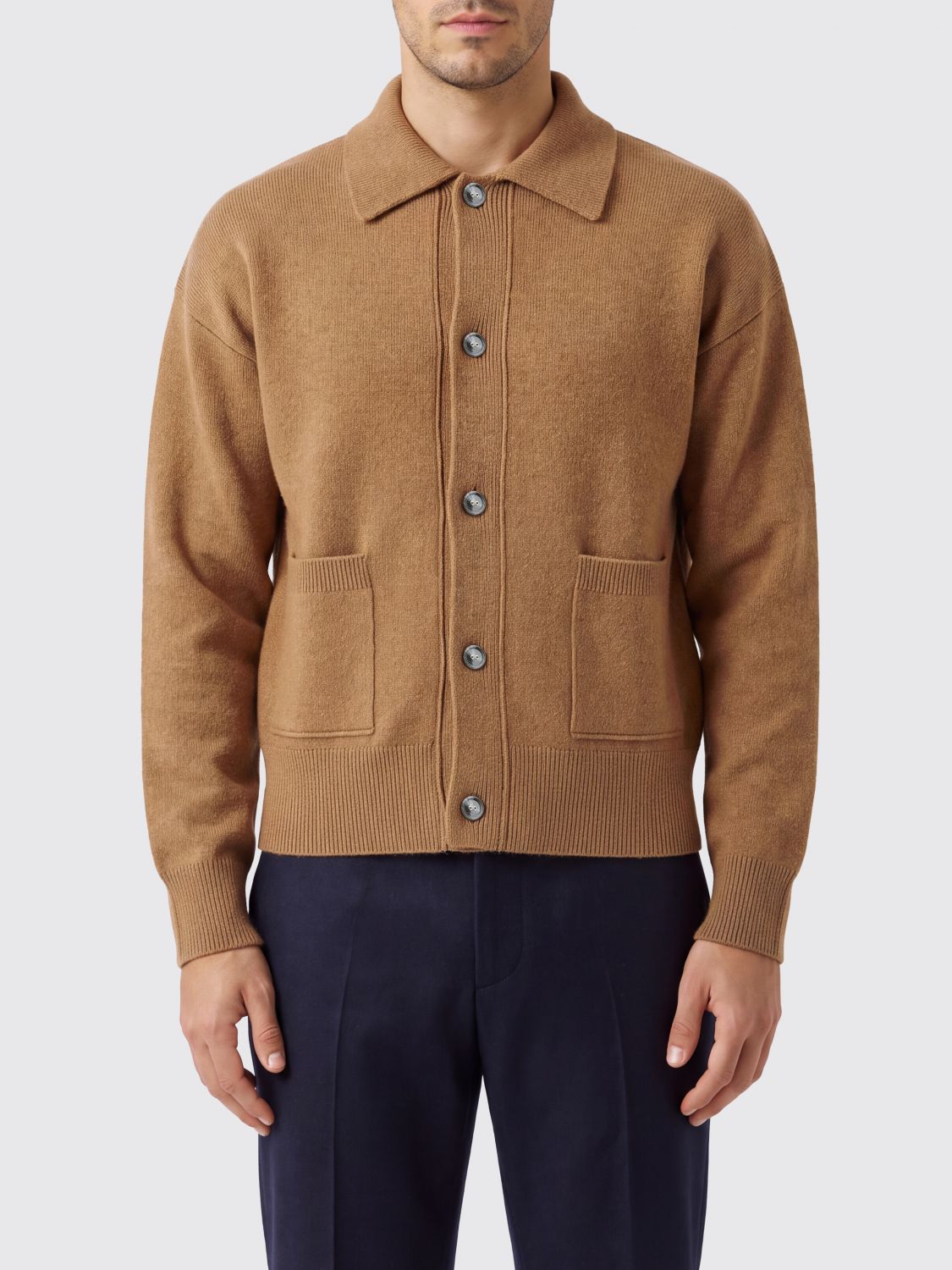 Ami Paris Pure Wool Cardigan with Patch Pockets and Ribbed Trims
