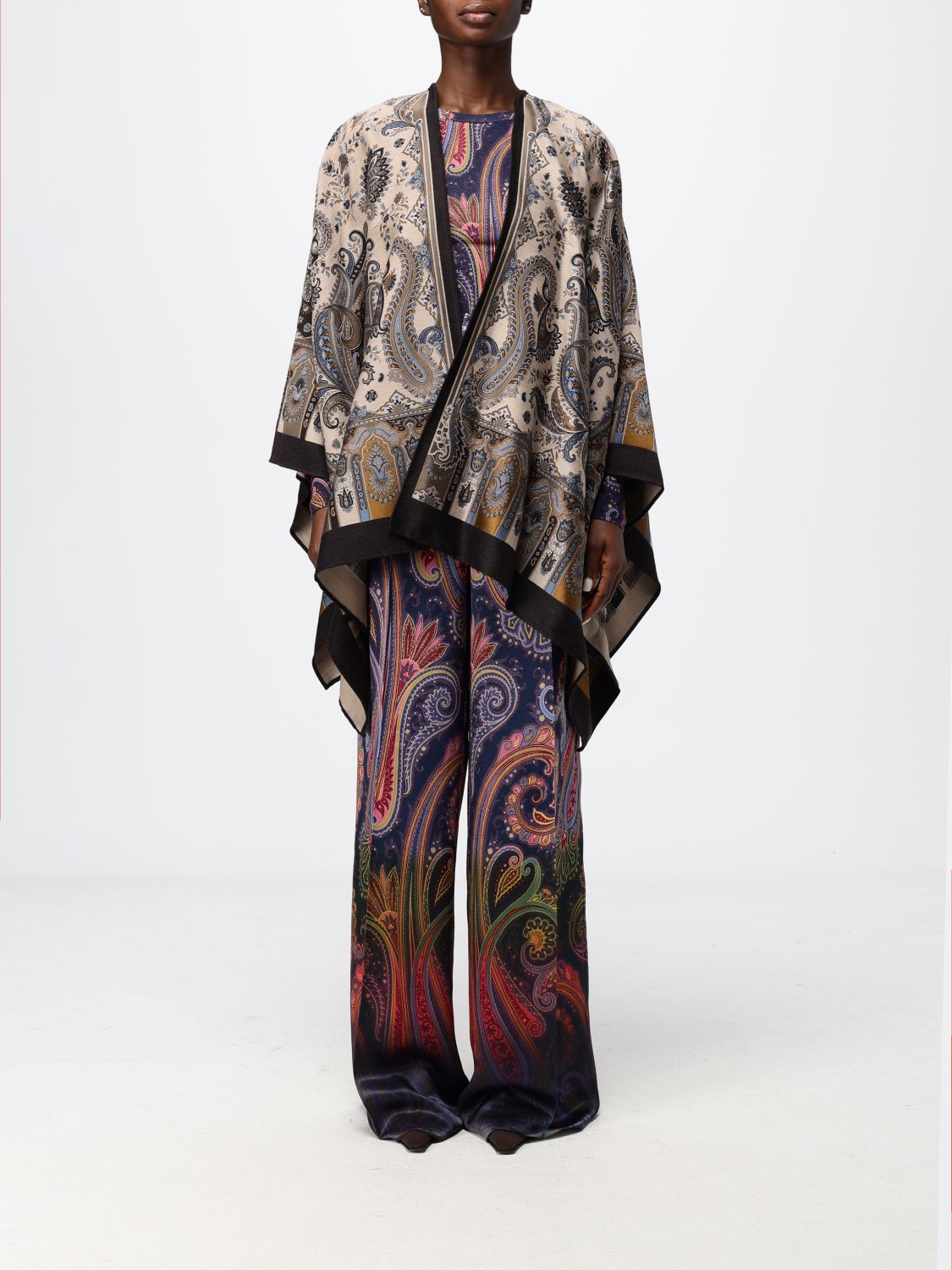 Etro Paisley Print Wool Blend Cape with Asymmetrical Hem