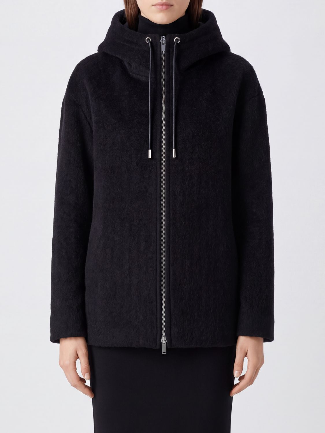 Studio Nicholson Single-Breasted Short Coat in Virgin Wool, Alpaca and Mohair with Hood