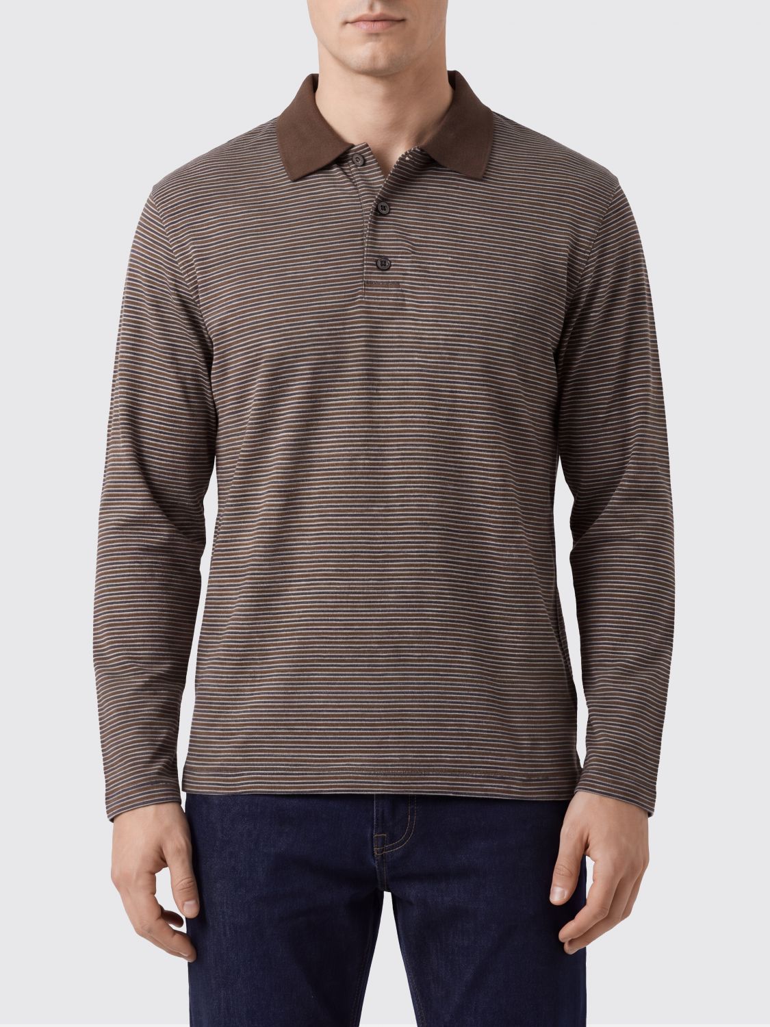 Coor Long-Sleeved Striped Cotton Polo Shirt with Ribbed Collar