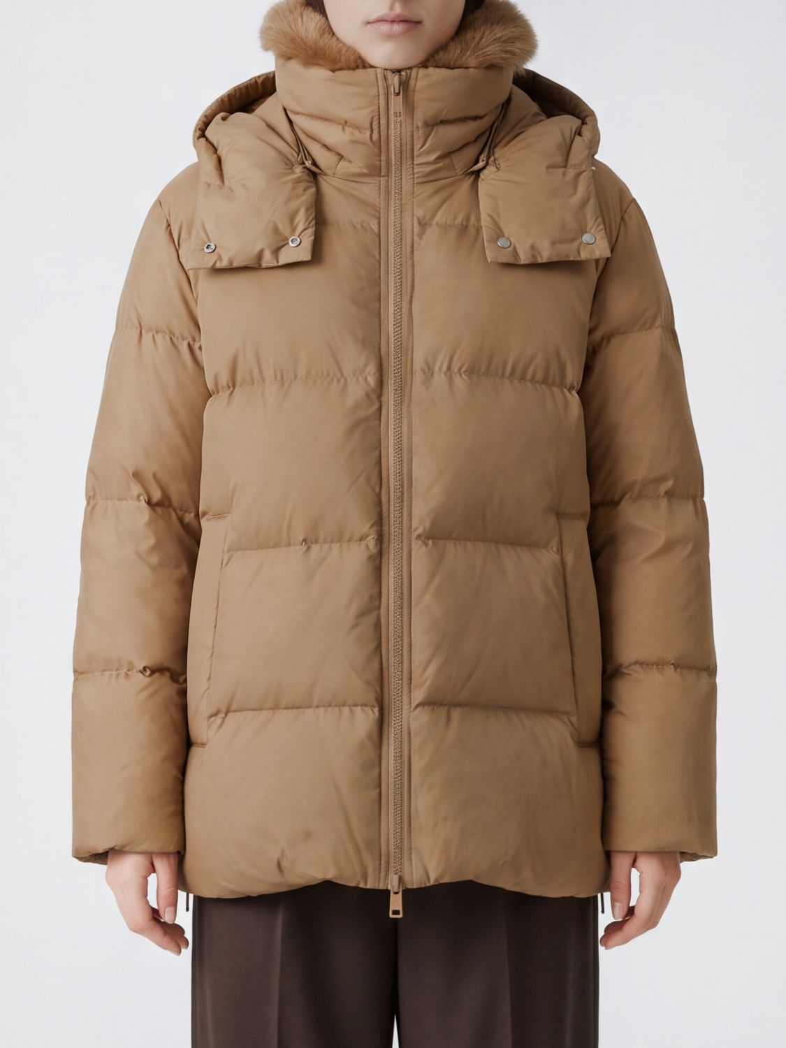Yves Salomon Short Quilted Nylon Down Jacket with Fur Collar