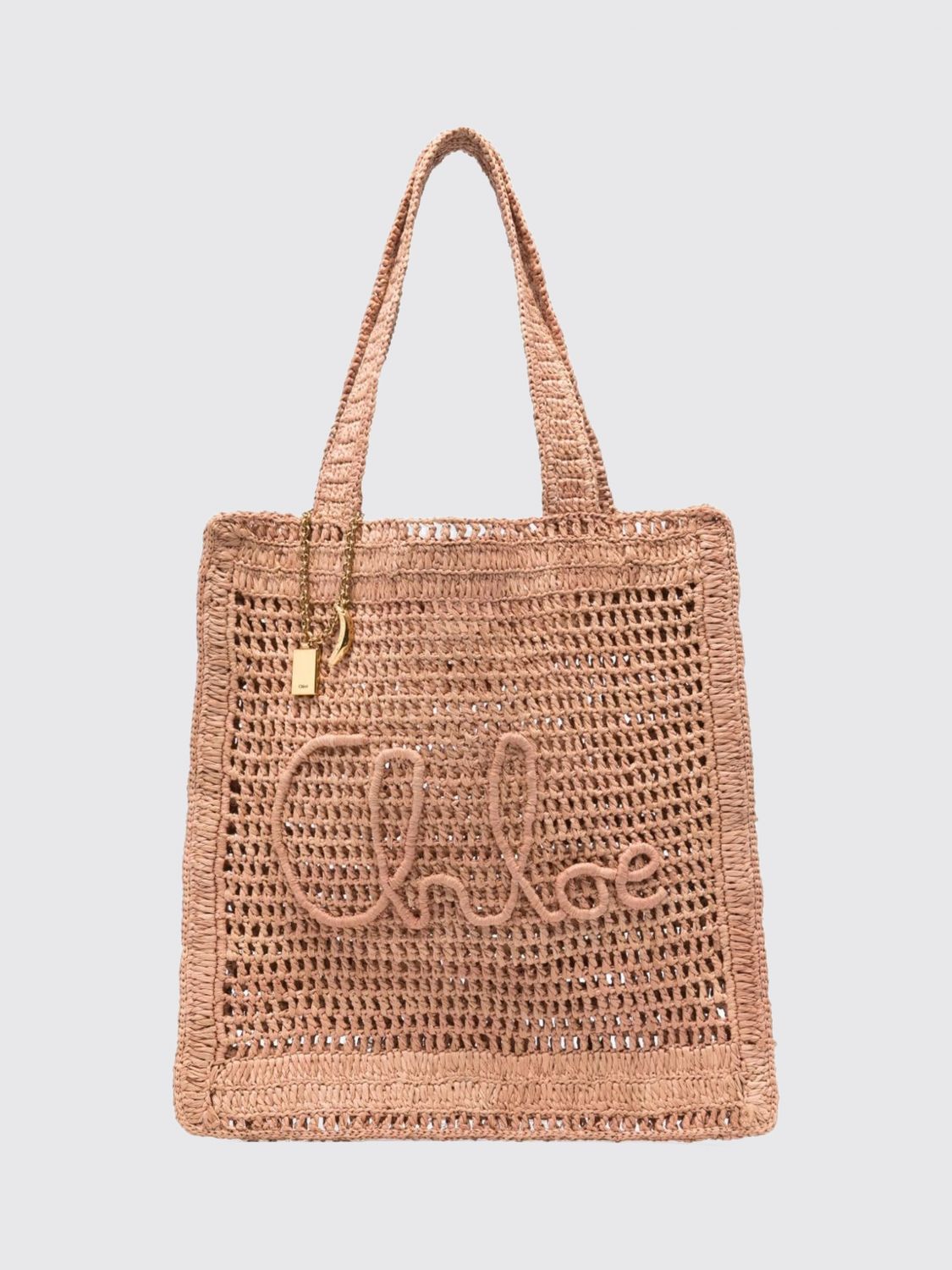 CHLOÉ Summer Banana Crochet Raffia Shoulder Bag with Embroidered Logo and Charm