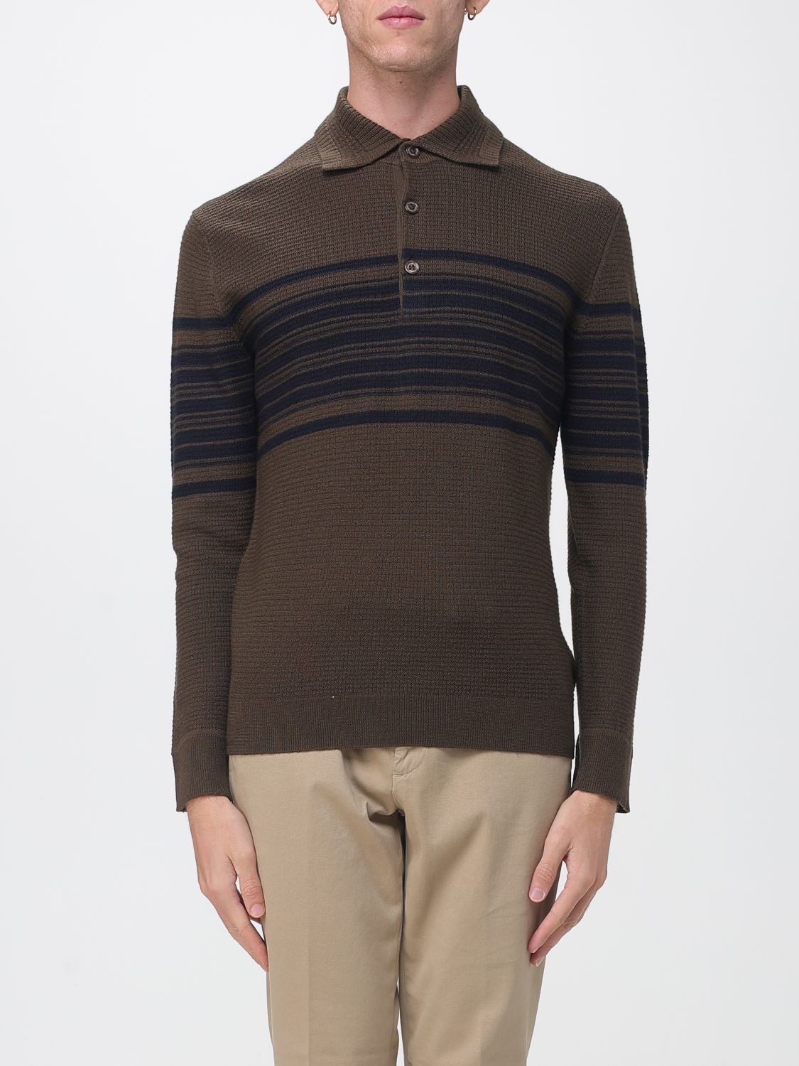 Paolo Pecora Long-Sleeved Striped Wool Knit Polo Shirt with Slim Fit