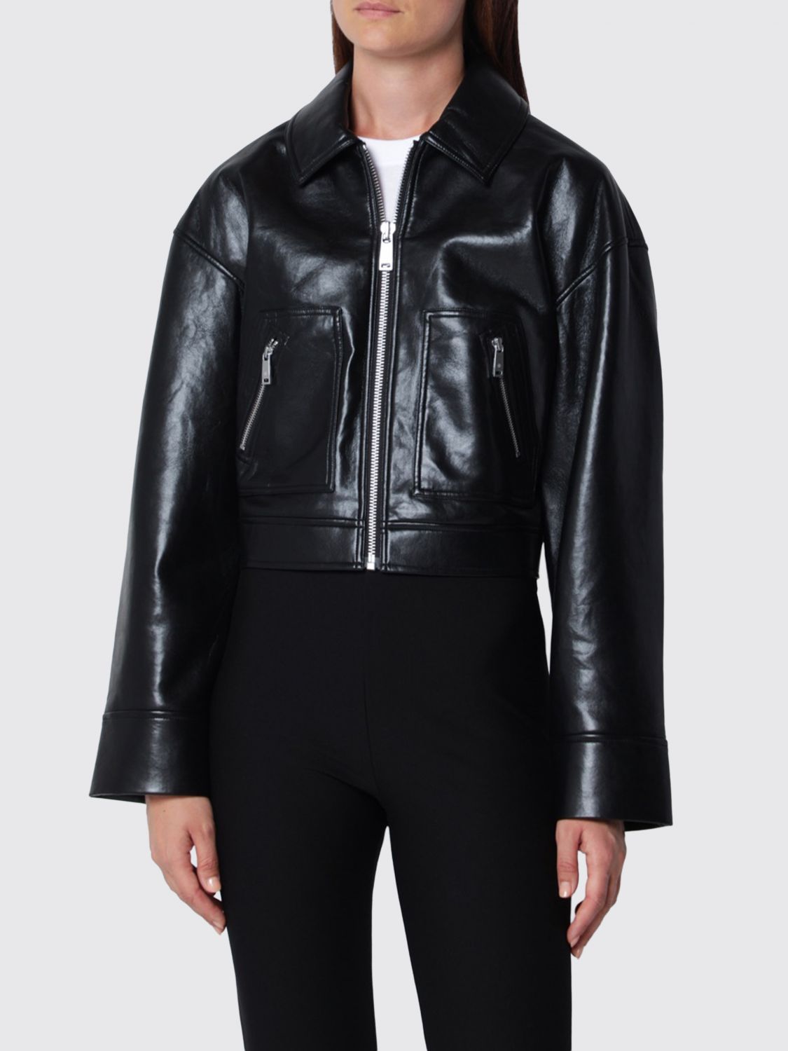 Anine Bing Cropped Leather Jacket with Dropped Shoulders and Zip Closure