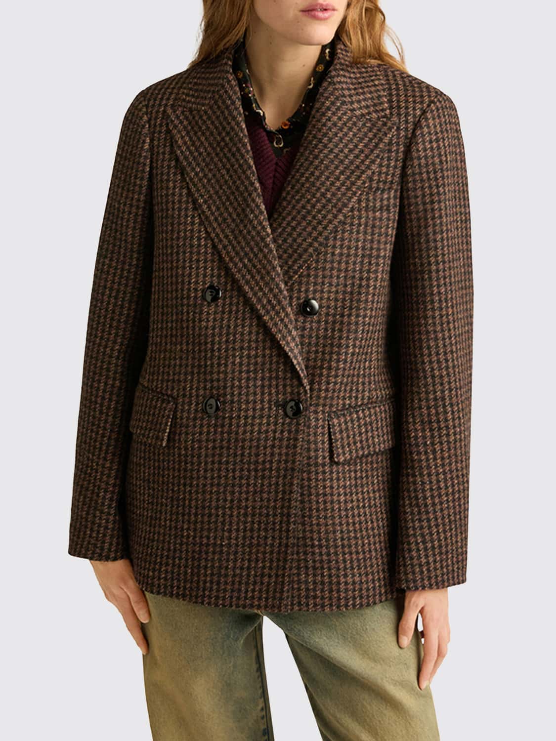 MOMONÌ Double-Breasted Houndstooth Virgin Wool Short Coat