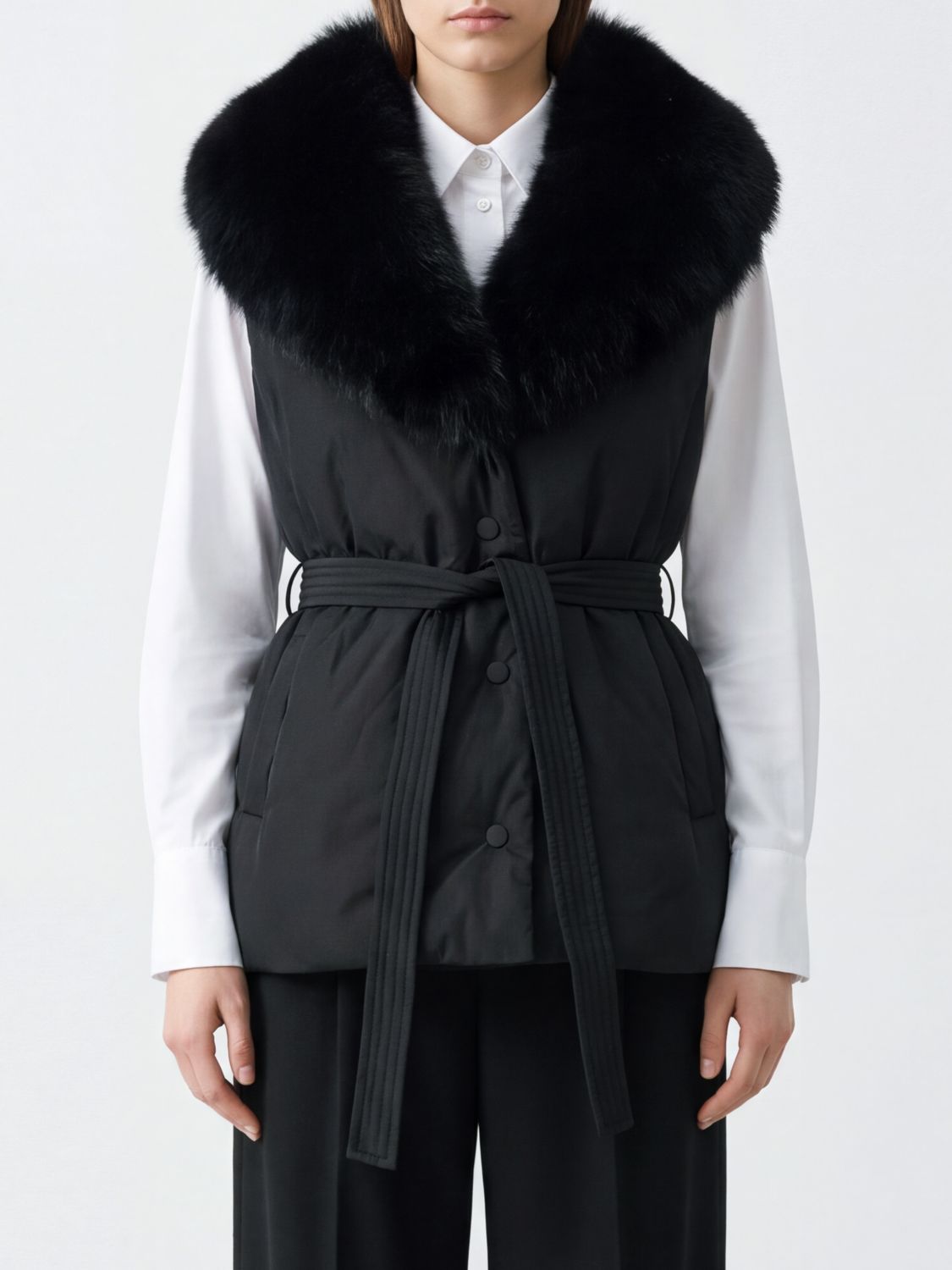 YVES SALOMON Padded Nylon Gilet with Fox Fur Collar and Belt