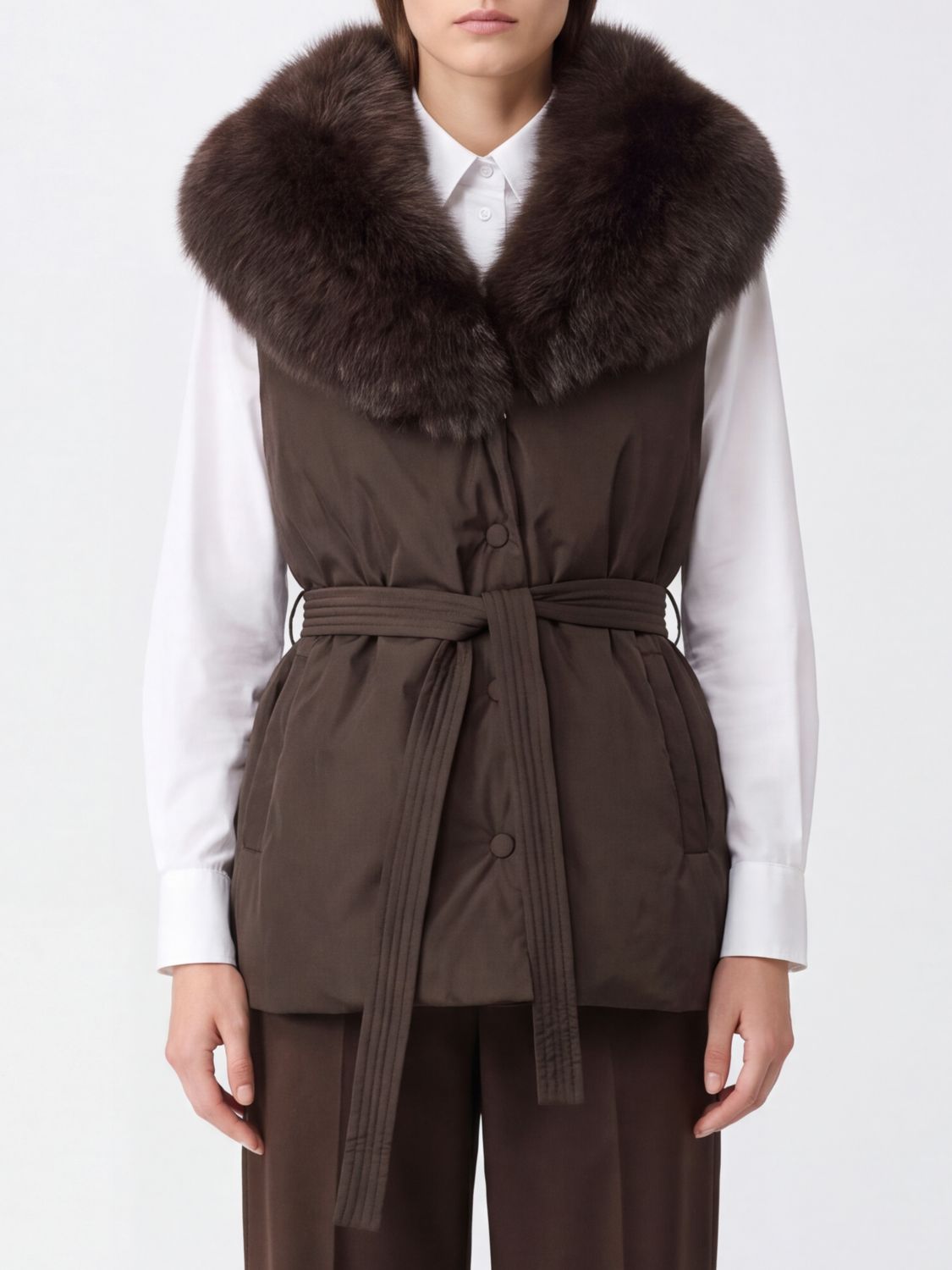 YVES SALOMON Padded Nylon Gilet with Fox Fur Collar and Belt