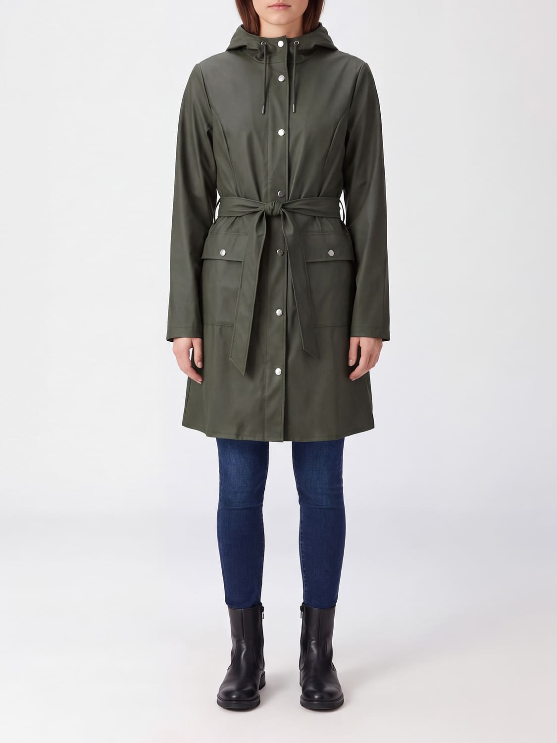 RAINS Waterproof Hooded Trench Coat with a Tie-Belt Waist RAINS Waterproof Hooded Trench Coat with a Tie-Belt Waist