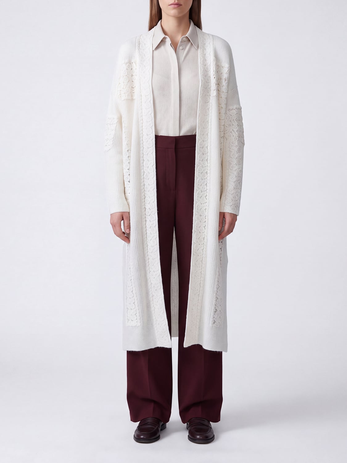 MES DEMOISELLES Long Wool-Blend Cardigan with Lace Details MES DEMOISELLES Long Wool-Blend Cardigan with Lace Details