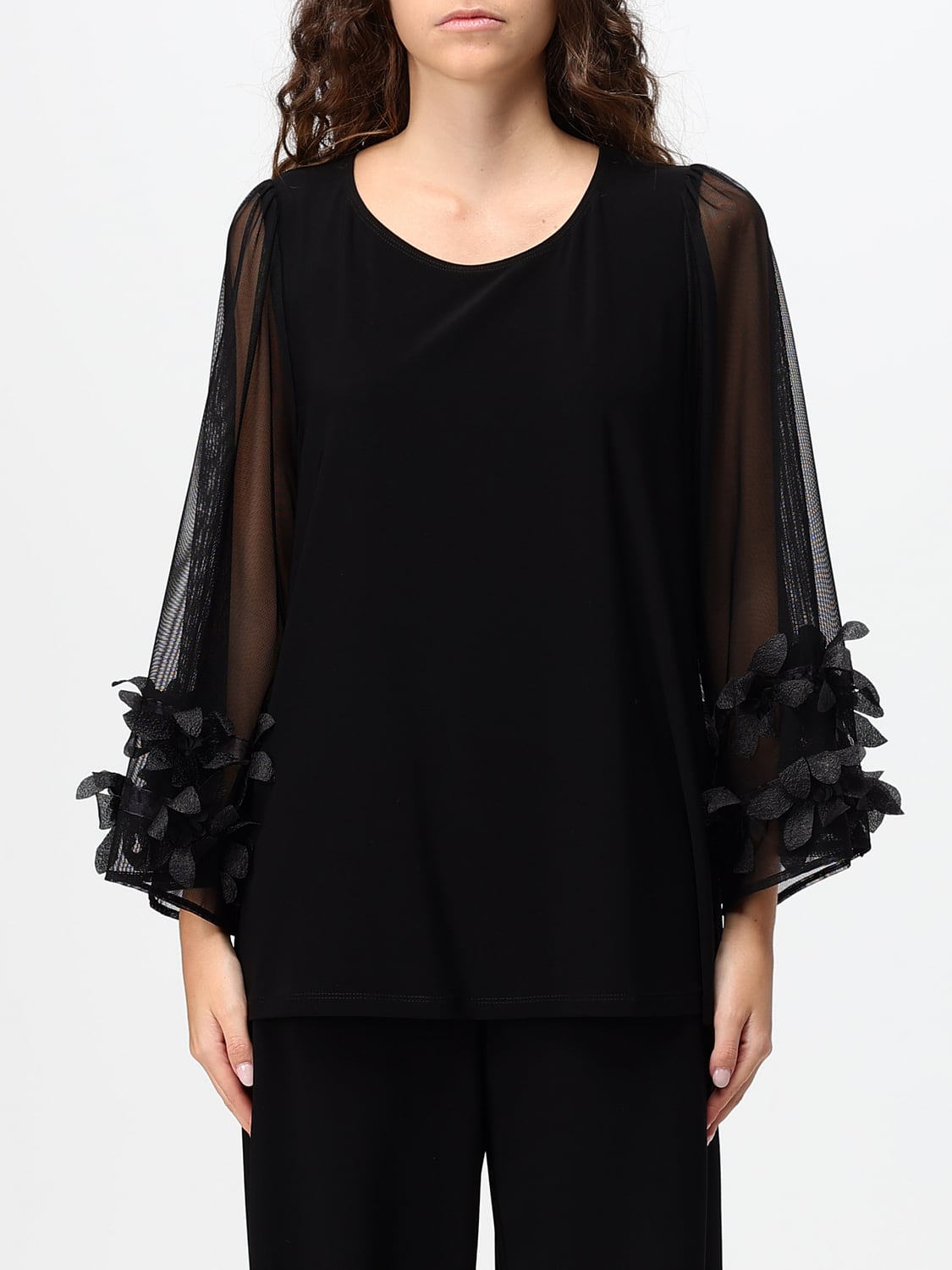 JOSEPH RIBKOFF Long-Sleeved Embroidered Tulle Blouse with Flower Appliqué JOSEPH RIBKOFF Long-Sleeved Embroidered Tulle Blouse with Flower Appliqué