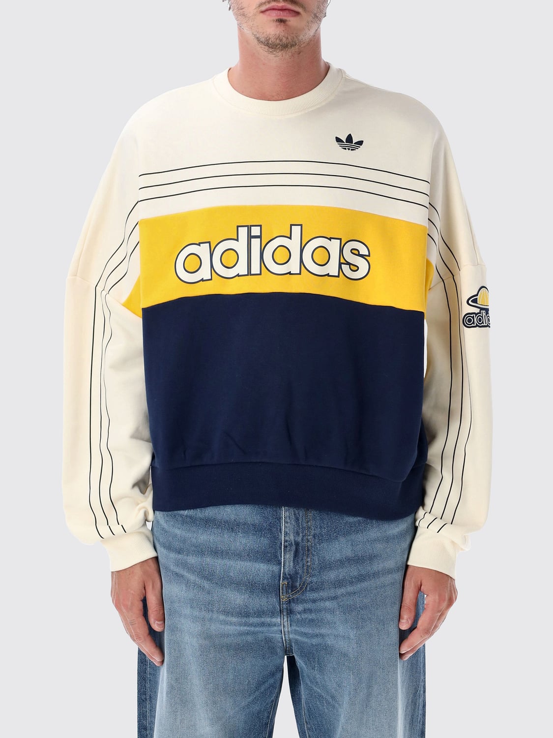 ADIDAS ORIGINALS Striped Detail Cotton Crewneck Sweatshirt with Logo