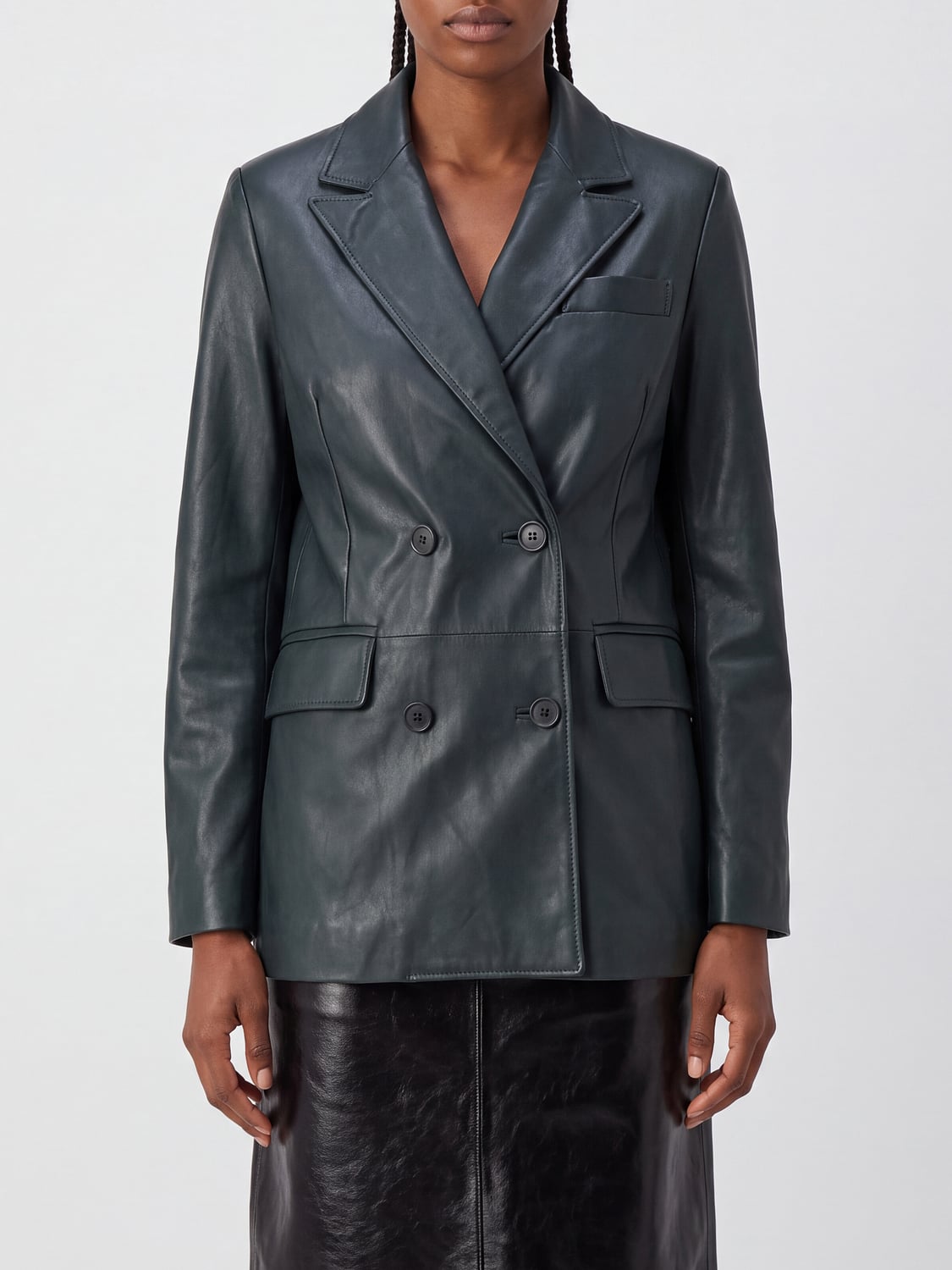 SALVATORE SANTORO Double-Breasted Leather Blazer with Peak Lapels