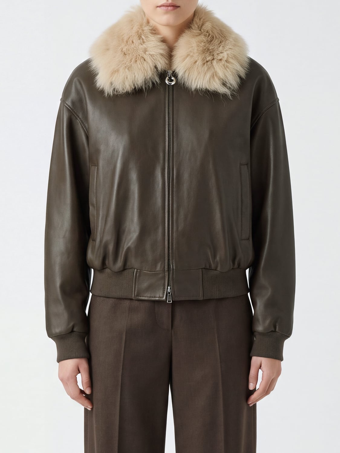 GRIFONI Leather Bomber Jacket with Fur Collar and Elasticated Cuffs GRIFONI Leather Bomber Jacket with Fur Collar and Elasticated Cuffs