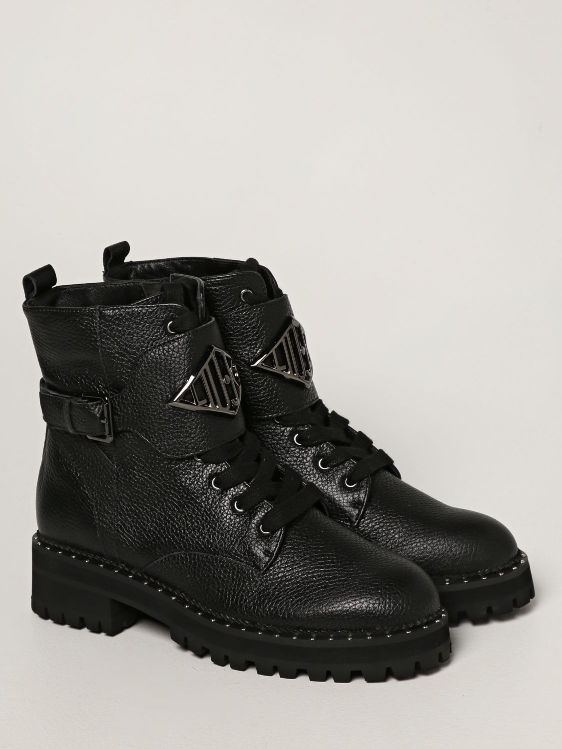 LIU JO: combat boots in hammered leather - Black | Liu Jo flat ankle ...