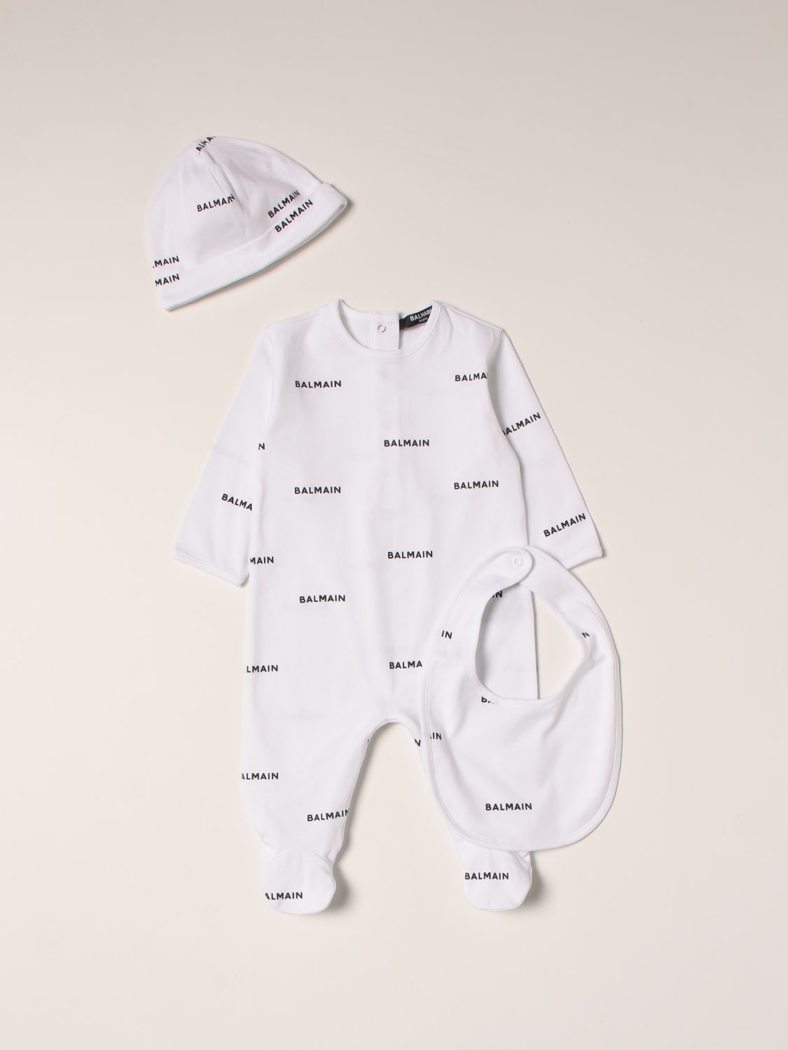 Balmain Babies' Romper + Hat + Bib Set In White