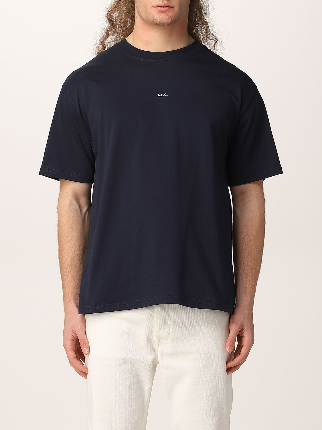 A.P.C.: cotton jersey T-shirt with mini logo - Blue | A.p.c. t-shirt ...