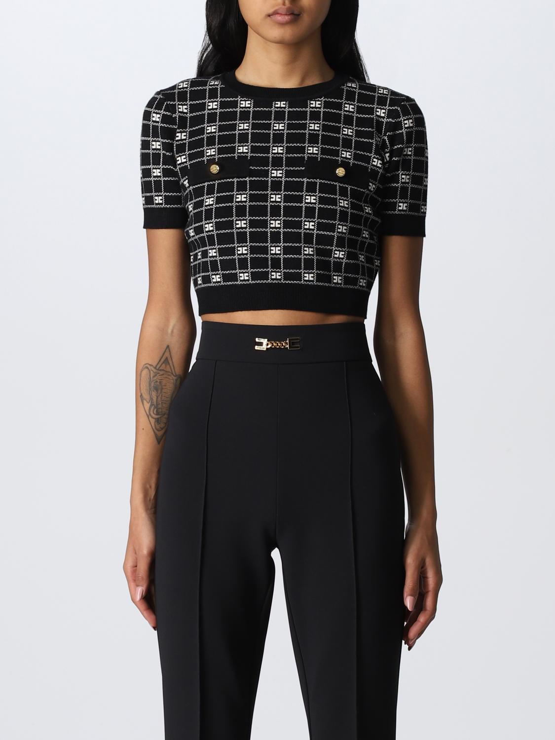 ELISABETTA FRANCHI: Maglia cropped in misto viscosa jacquard - Nero | Maglia  Elisabetta Franchi MK92Q GIGLIO.COM