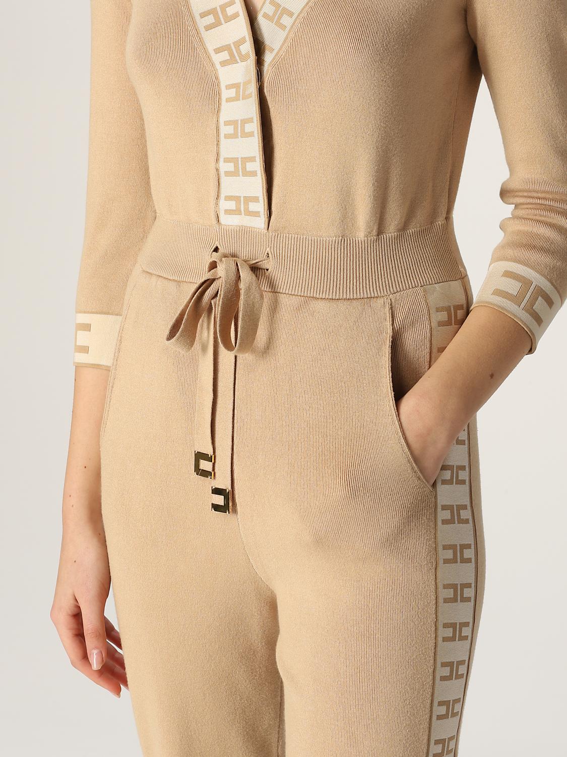 ELISABETTA FRANCHI: Tuta lunga in maglia con logo - Cammello | Tuta  Elisabetta Franchi KT15S GIGLIO.COM