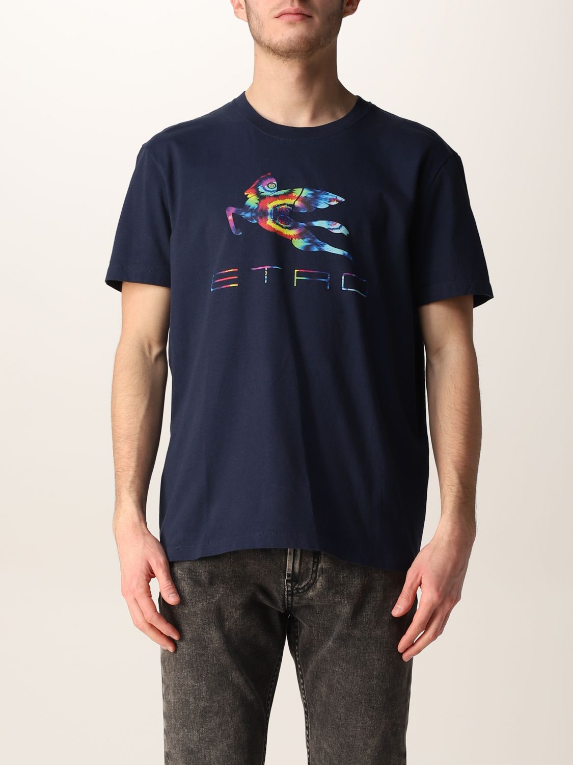ETRO: cotton t-shirt with tie-dye Pegaso logo - Navy | Etro t-shirt ...