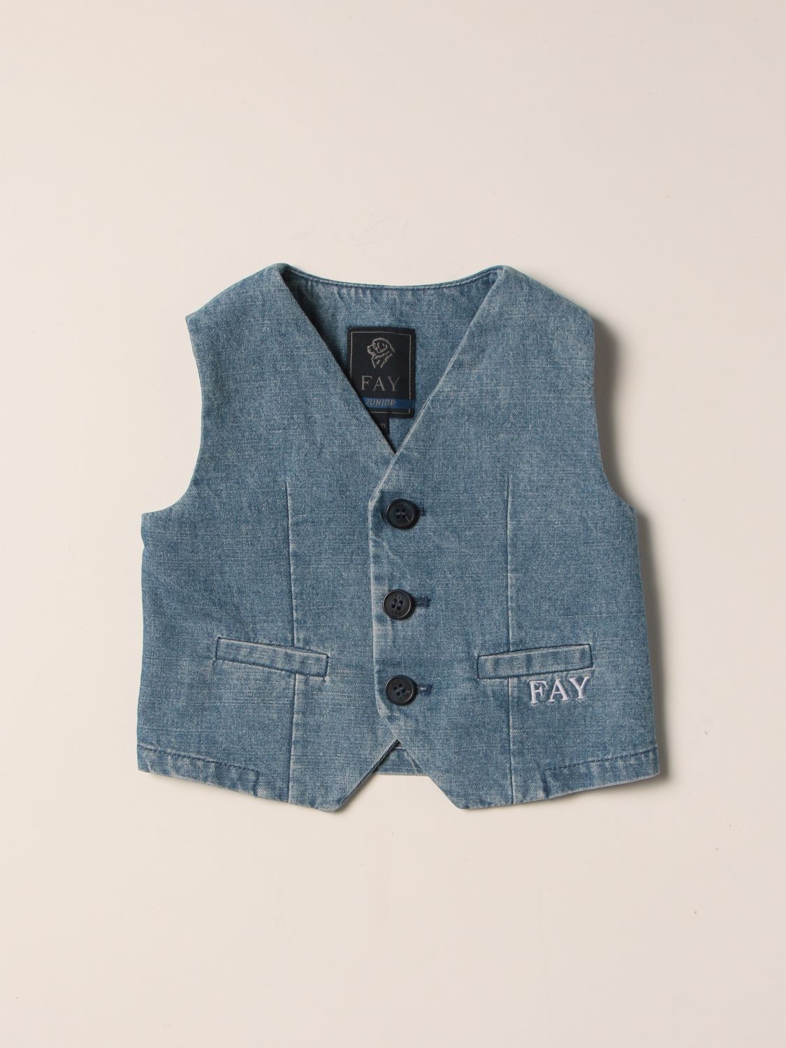Vestcoat Fay: Fay denim vest with embroidered logo gnawed blue 1