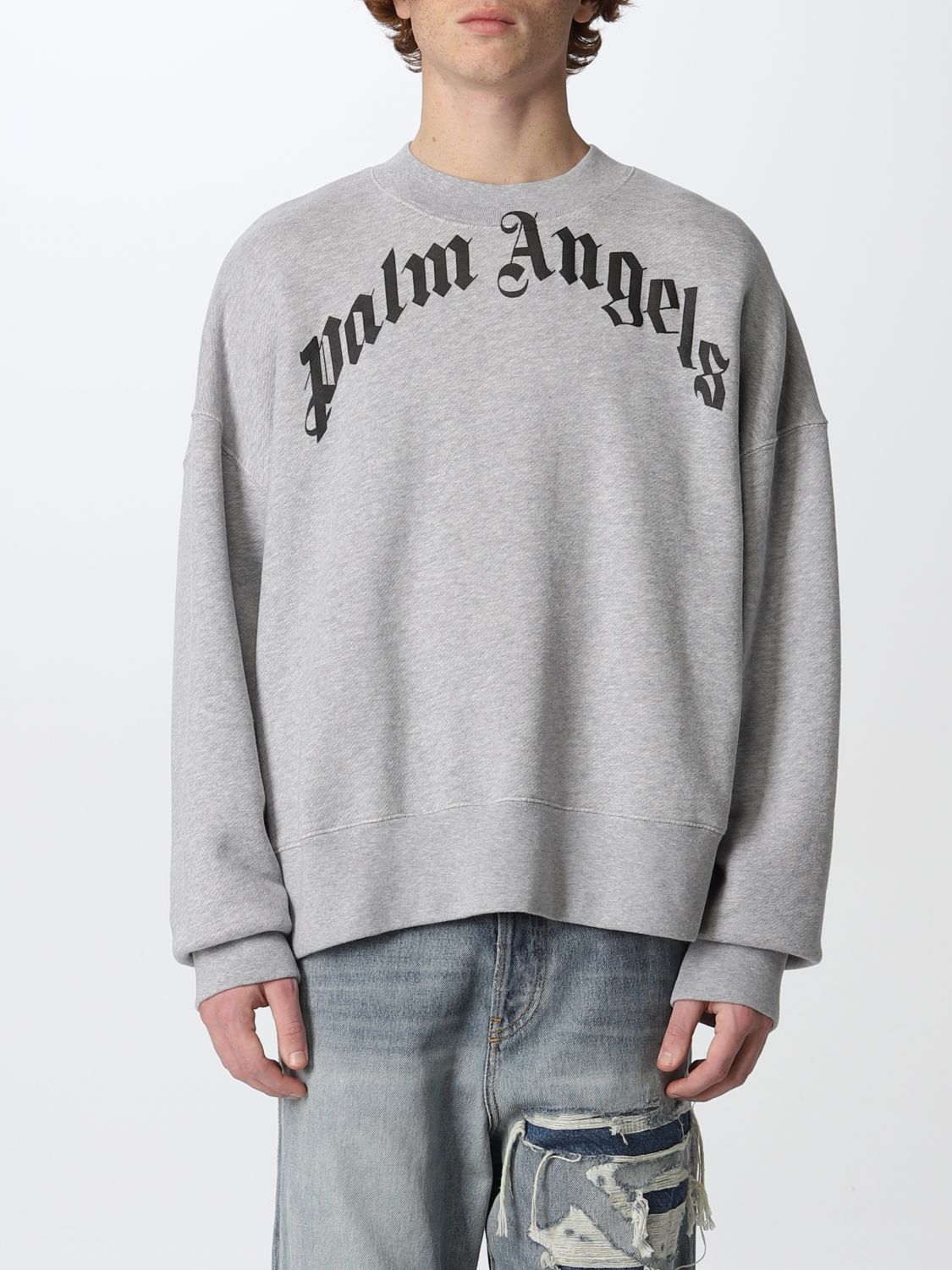PALM ANGELS: basic jumper with printed logo - Grey | Palm Angels ...
