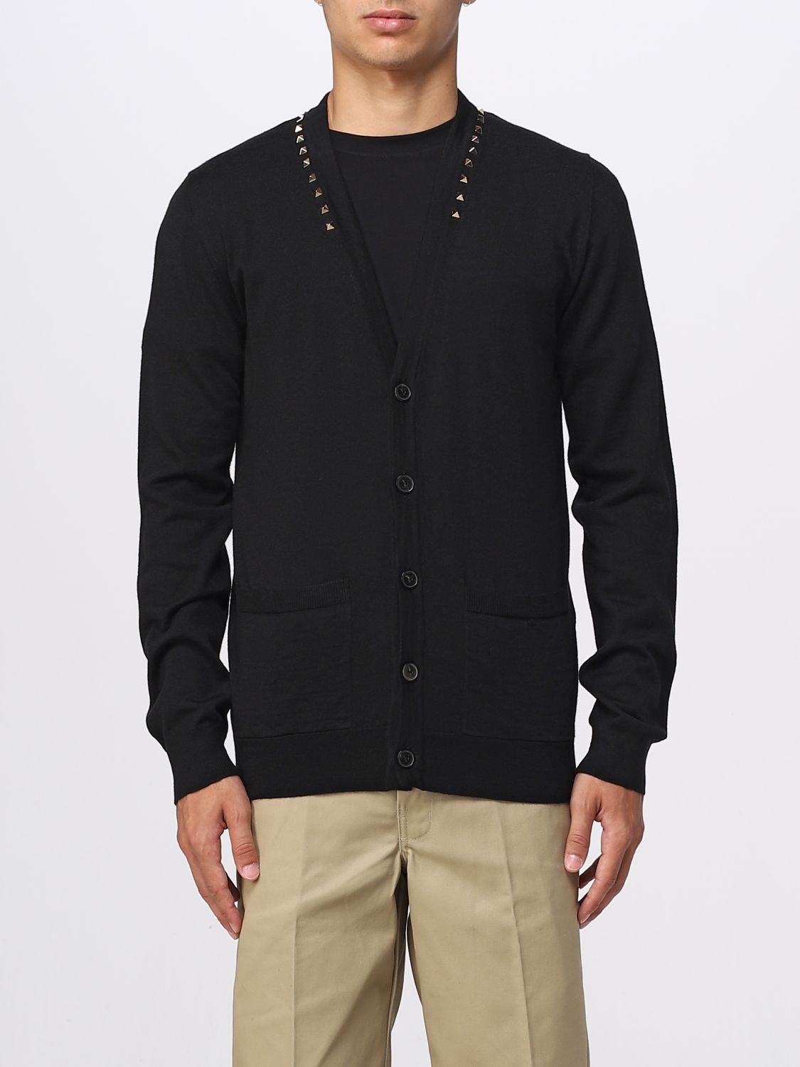 Shop Valentino Rockstud Wool Cardigan In Black