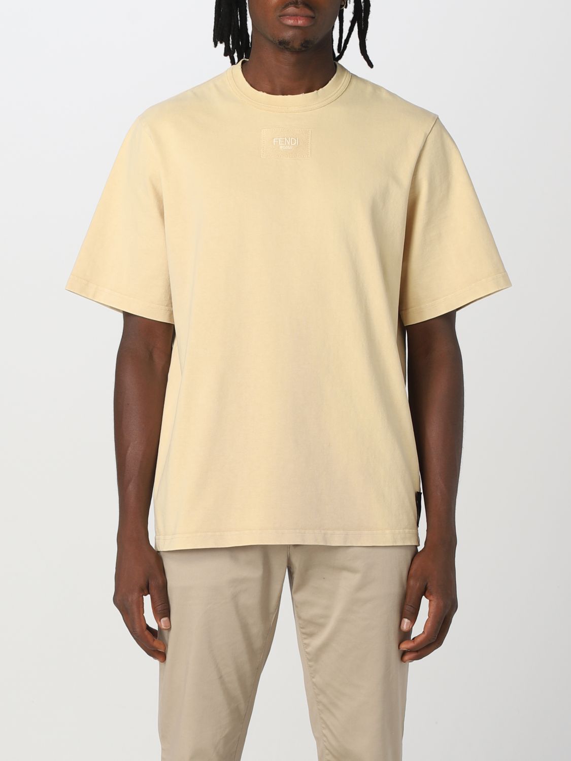 FENDI: cotton T-shirt with embroidered logo patch - Beige | Fendi t ...