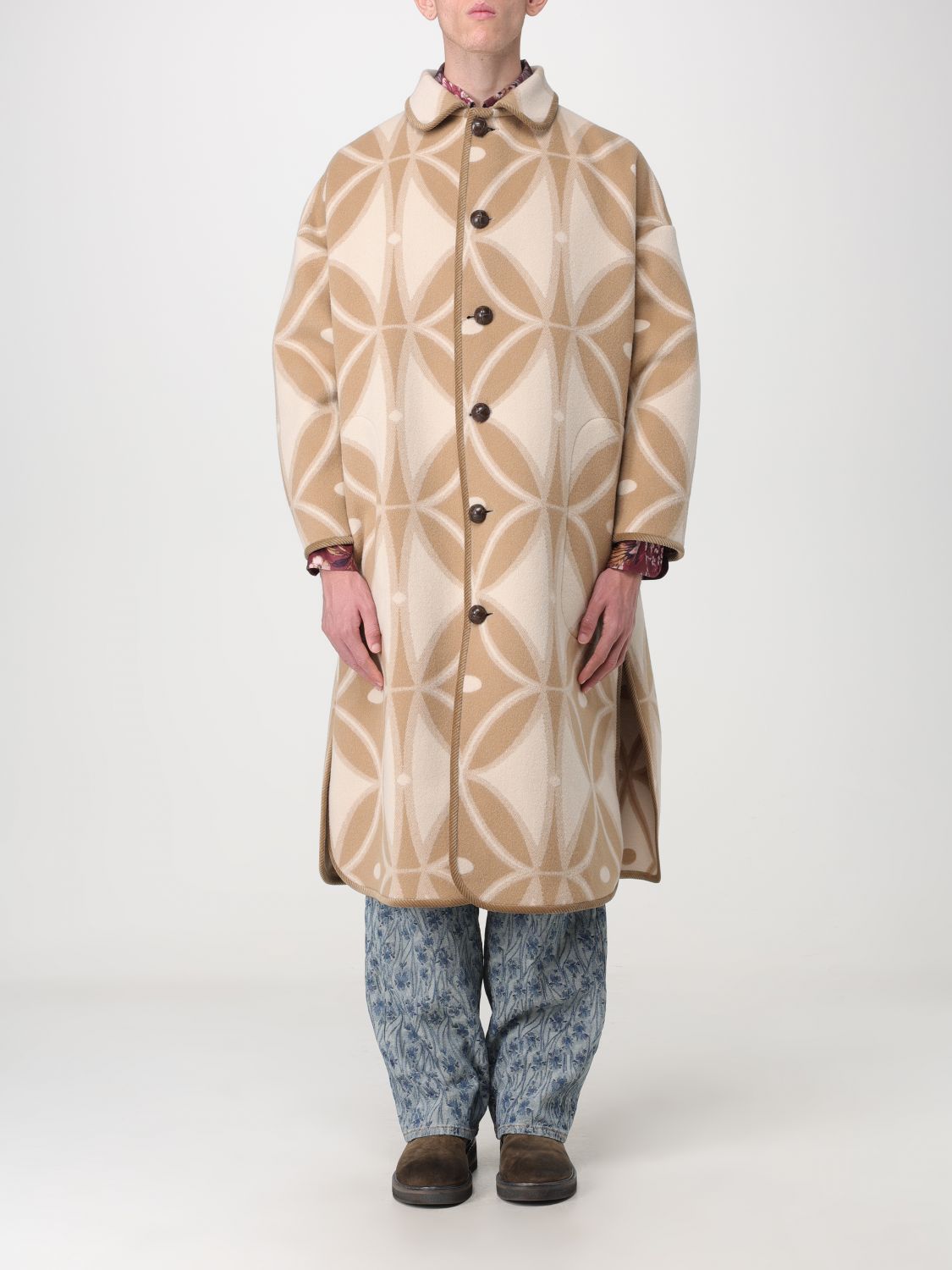 Shop Etro Coat In Wool With Jacquard Pattern In Beige