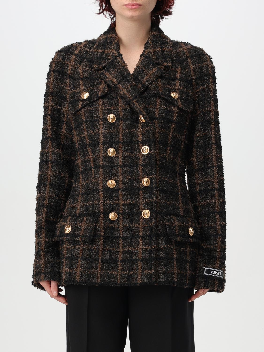 Versace Melange Wool Tweed Blazer Jacket In Braun