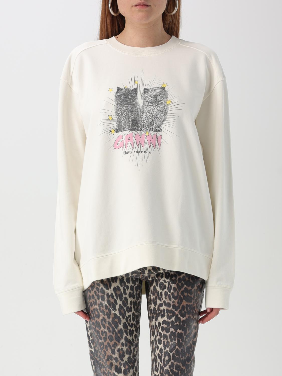 Ganni Off-white Isoli Kittens Drop Shoulder Sweatshirt In White