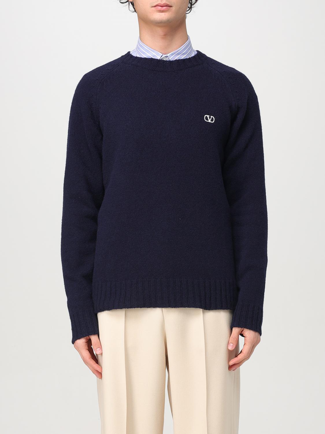 Valentino Shetland Wool Crewneck Jumper With Vlogo Embroidery In Blue