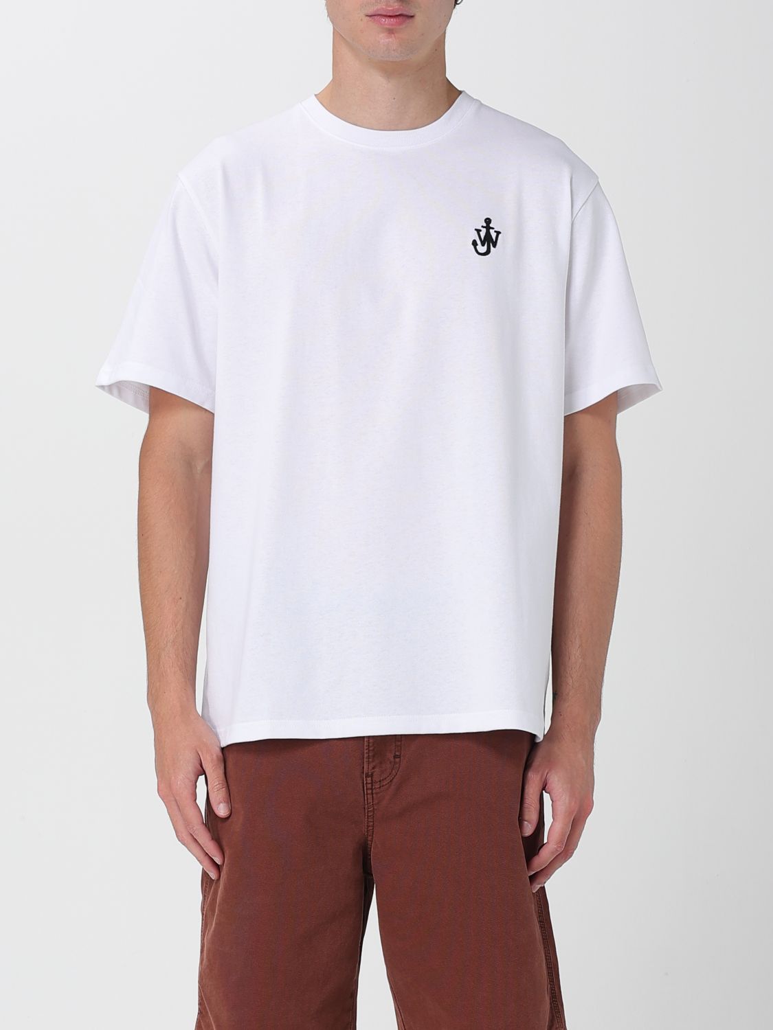 Jw Anderson Men White Crewneck T-shirt With Logo Embroidery On The Front In Cotton Man