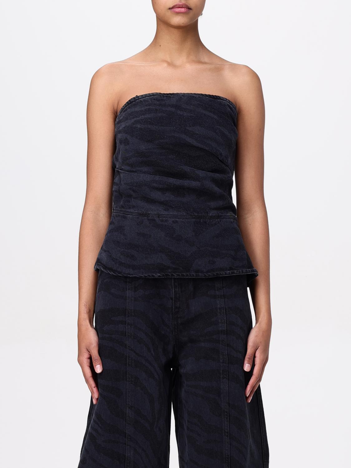 Rotate Birger Christensen Zebra Print Cotton Denim Top In Black