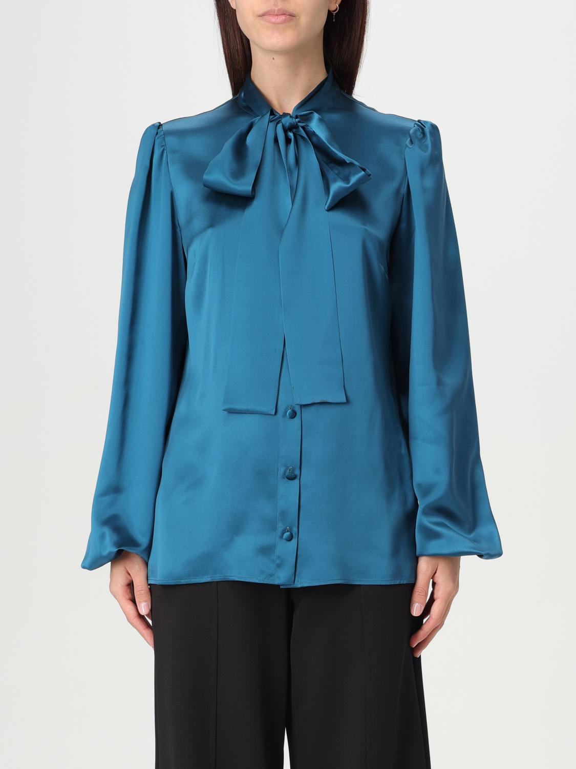 Dolce & Gabbana Silk Satin Shirt With Pussy-bow In Denim