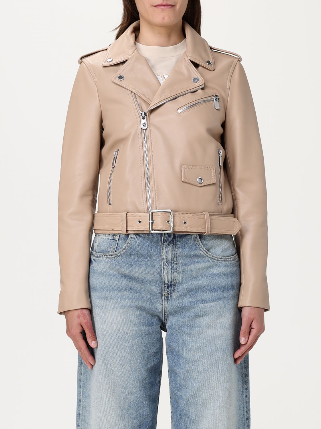 Pinko Blouson De Motard En Cuir Nappa Souple In Beige