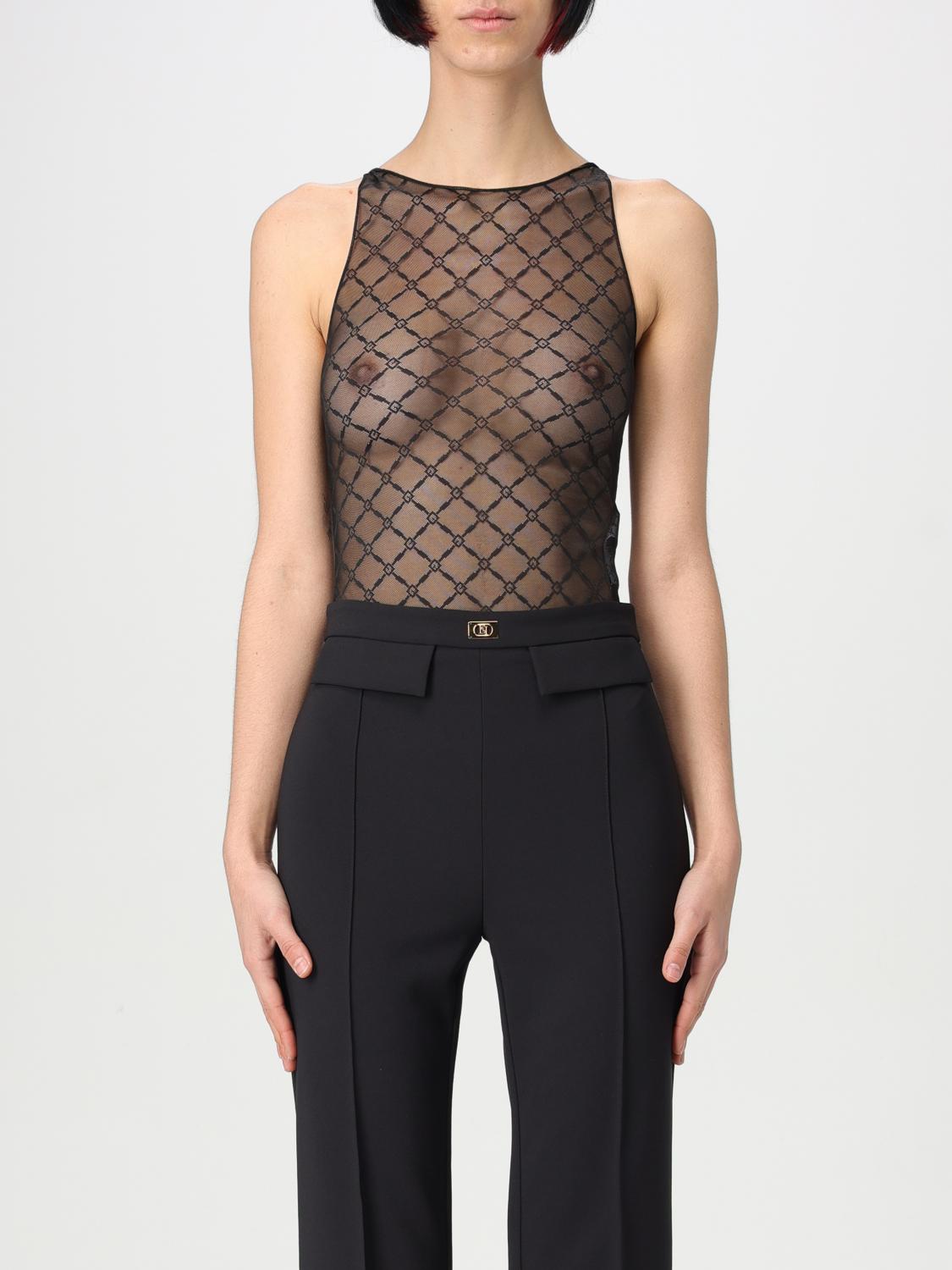 Elisabetta Franchi Sheer Patterned Tulle Bodysuit In Black