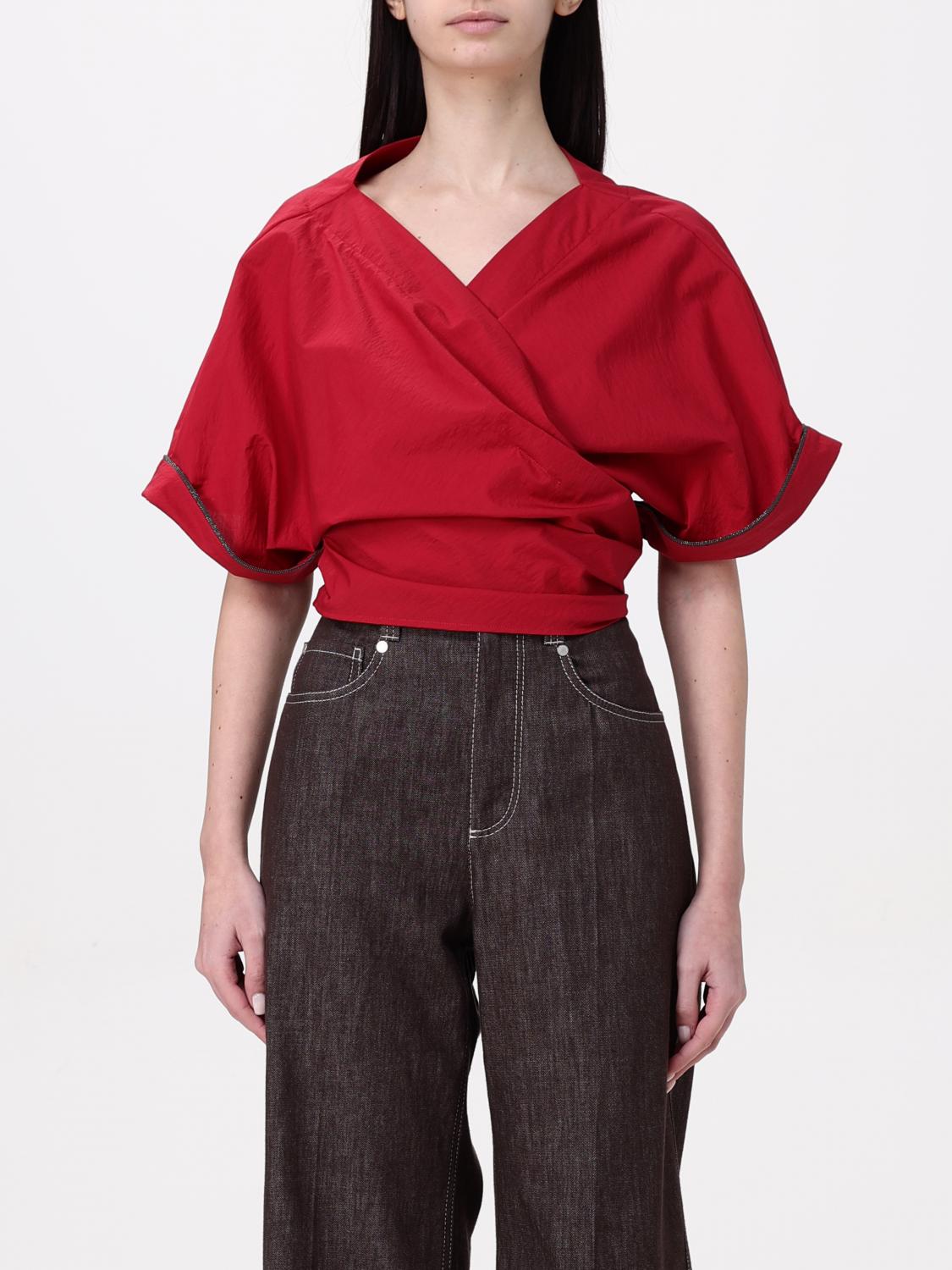 Brunello Cucinelli Red Shirt With V-neck And Monili Detail In Red