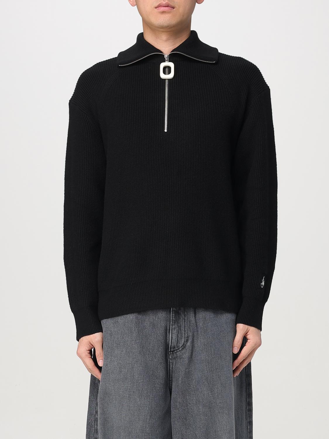 Jw Anderson Black High Neck Sweater With Front Zip Closure And Logo Embroidery In Wool Man In Black
