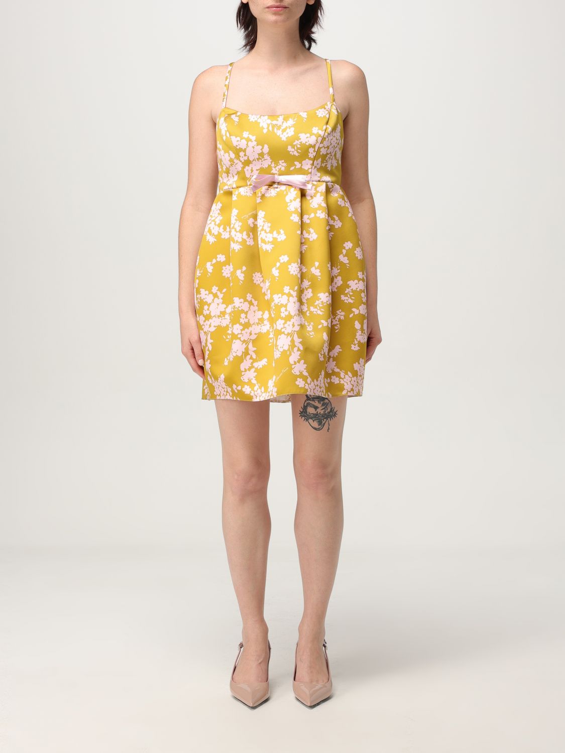 Elisabetta Franchi Printed Duchess Satin Doll Dress In Yellow