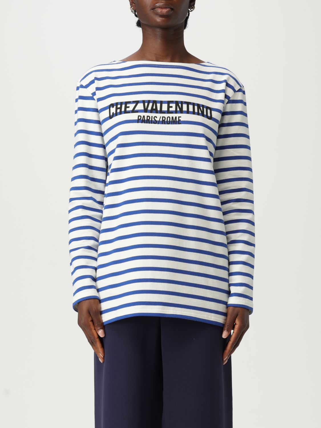Valentino Long Sleeve Cotton T-shirt With Striped Pattern In White