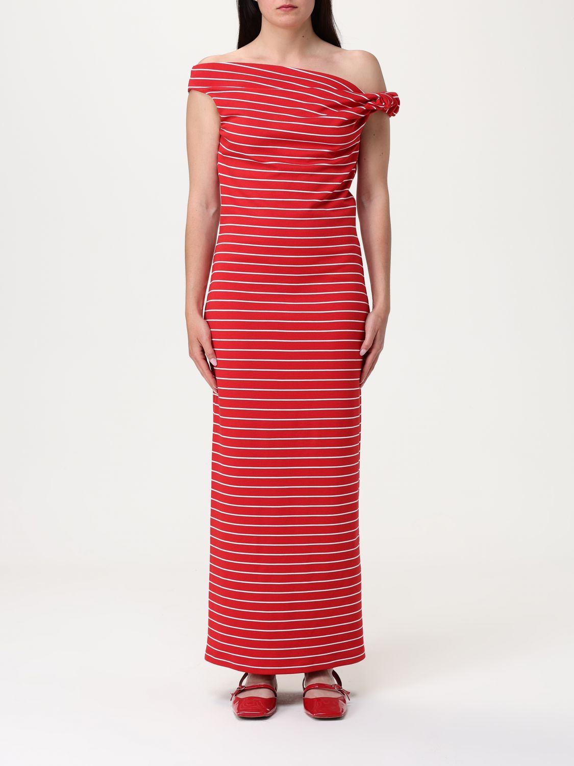 Msgm Stripe Asymmetric Maxi Dress Red
